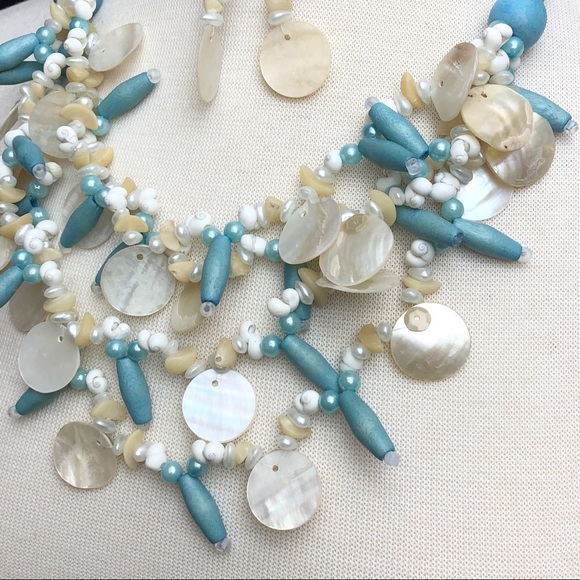 Blue Wood Sea Shell Layered Statement Necklace Set - Picture 3 of 3
